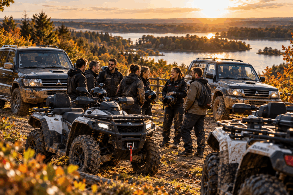 groupe d'amis faisant une pause au bord de nos lacs pendant leur randonnée en quad dans le pays Nantais